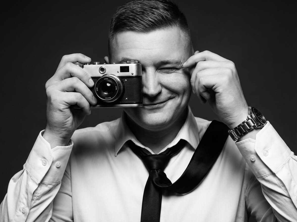 Adrian Pilis, fotograf, z aparatem przy twarzy