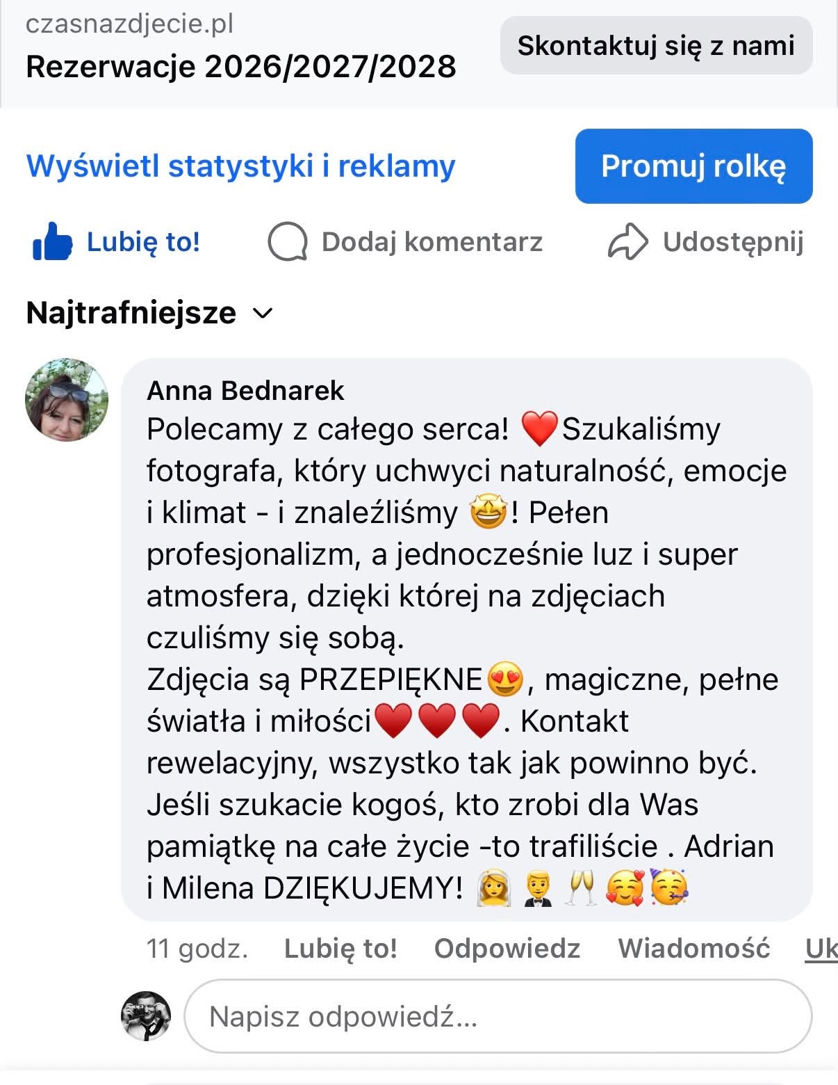 Opinia Anny na Facebooku o sesji ze ślubu