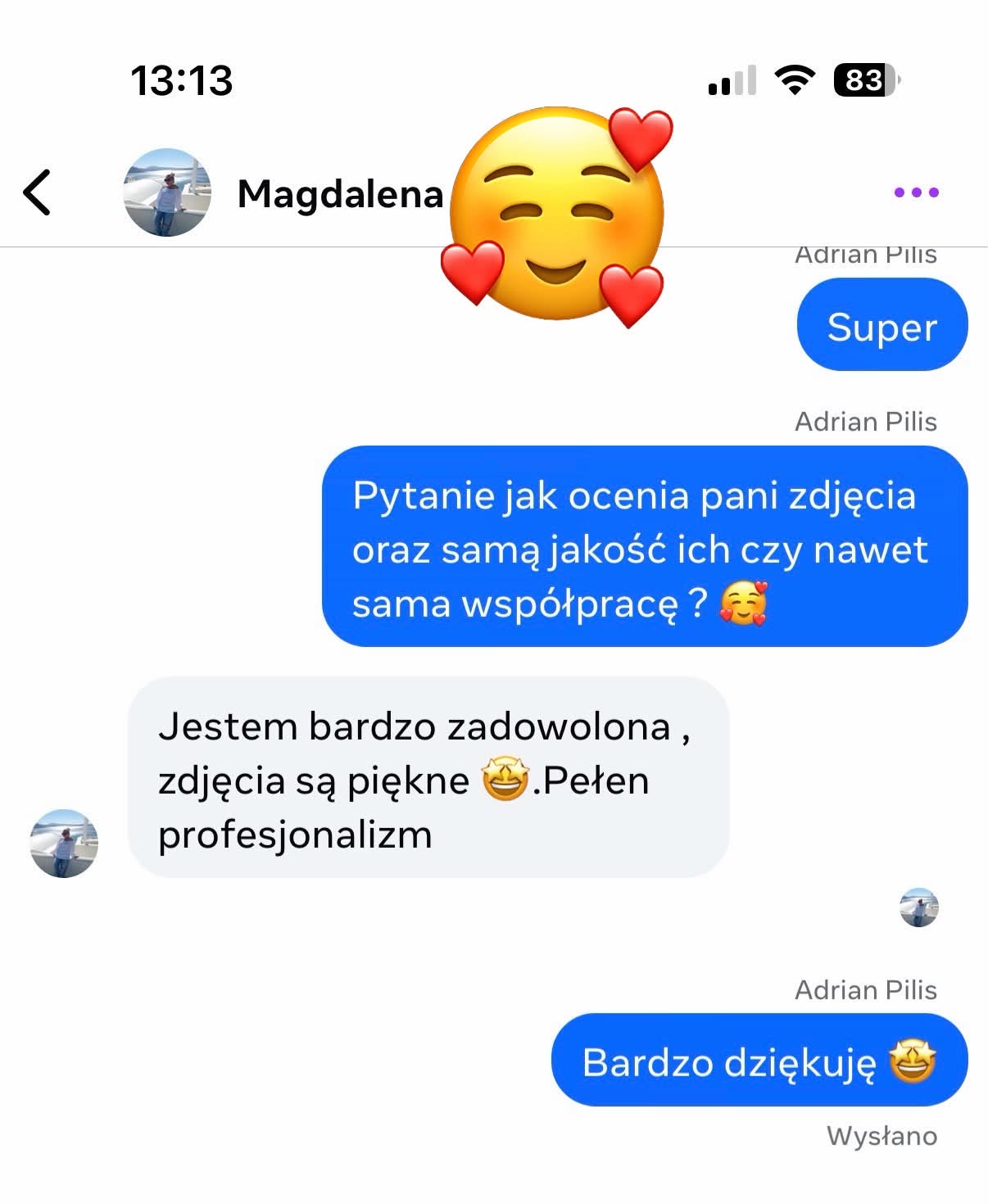Wiadomość od Magdaleny z oceną zdjęć
