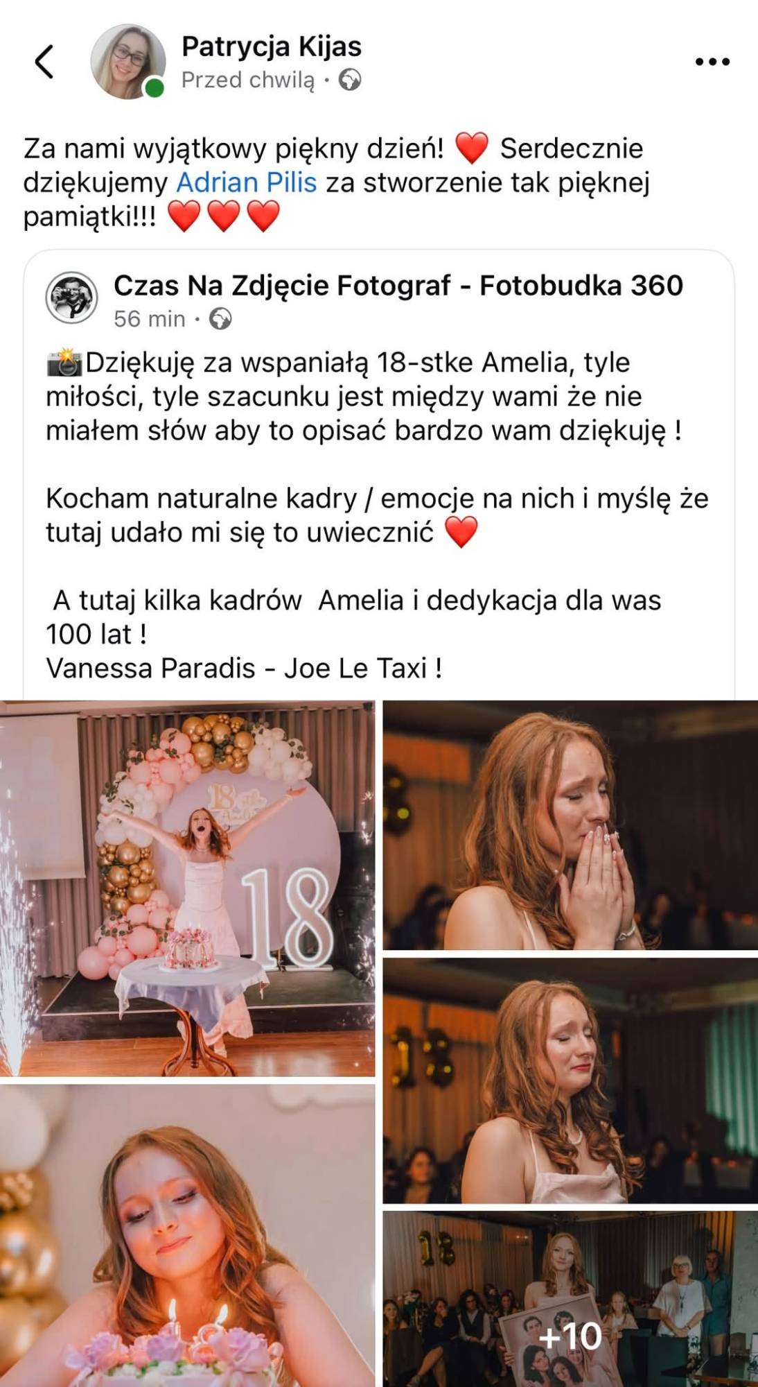 Post Patrycji na Facebooku z podziękowaniem za zdjęcia z 18-stki